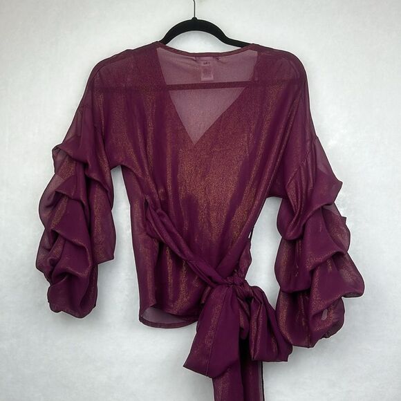 Burgundy Sheer Wrap Top Sz M Tiered Statements Sleeves elastic cuffs - Picture 10 of 11